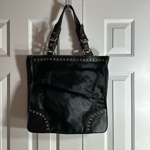 Aqua Madonna Black Calf Fur and Leather Shoulder Bag